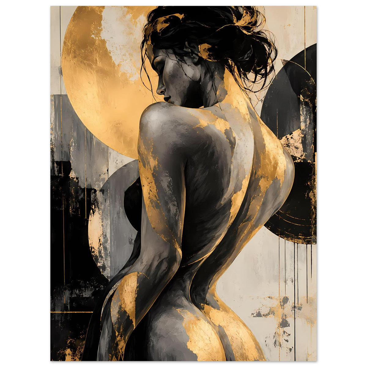 Kunstposter mit Akt-Figur, goldener Halbkreis-Form, schwarzen und grauen Details
