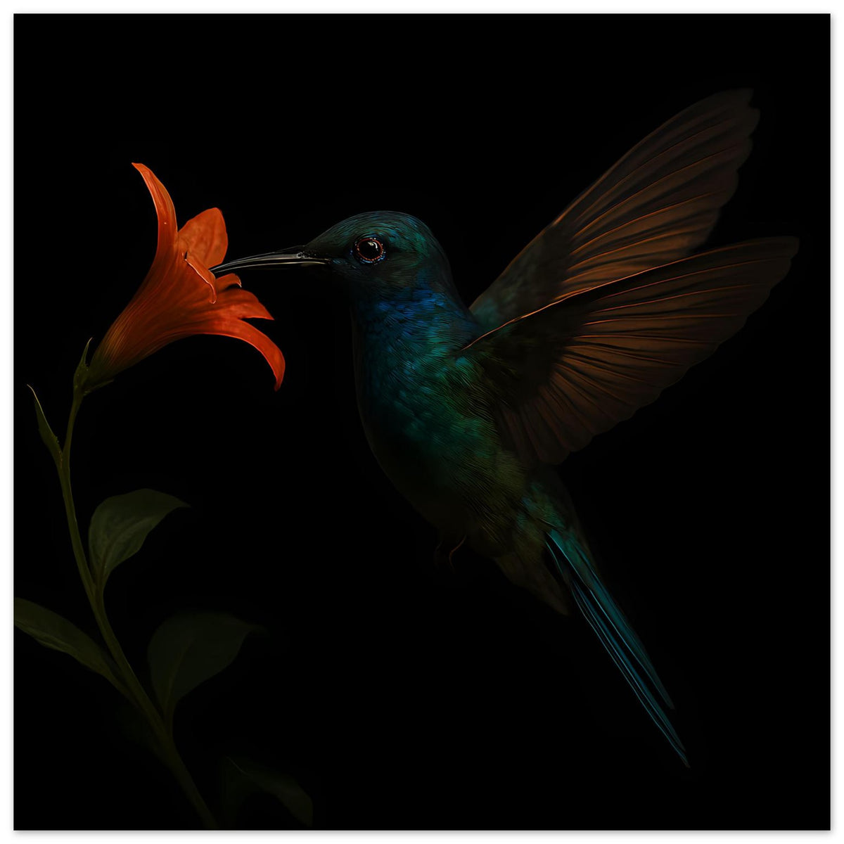 Horizontales Kunstdruck-Poster: fliegender grüner Kolibri mit orangefarbener Blüte