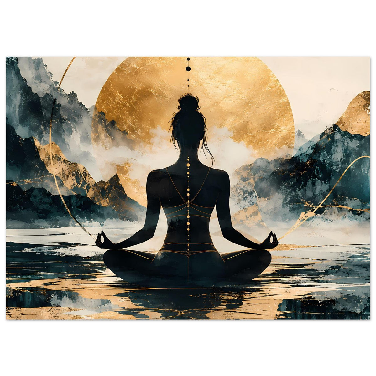Meditatives Poster im Querformat mit goldenen Akzenten, Meditationssilhouette und Kreisbogen