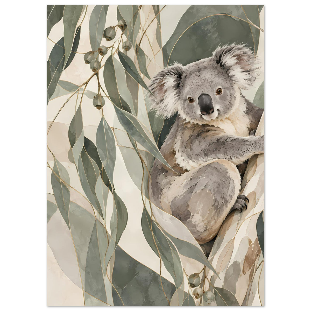 Koala-Tierposter im Hochformat mit grauem Koala und umfangreichem Blättermotiv