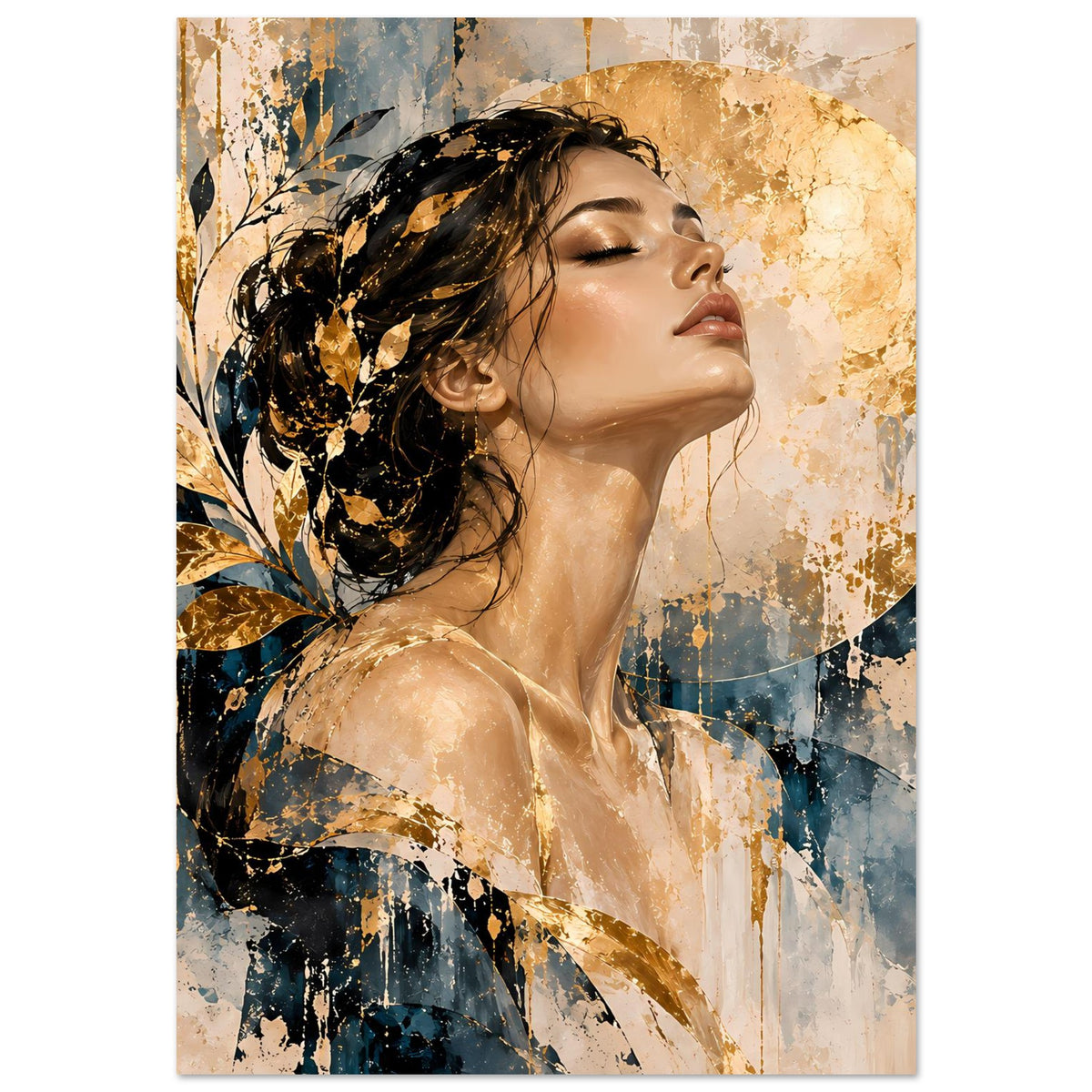 Kunst-Poster mit weiblichem Profil und goldenen Details, abstrakter Stil in Blau und Beige