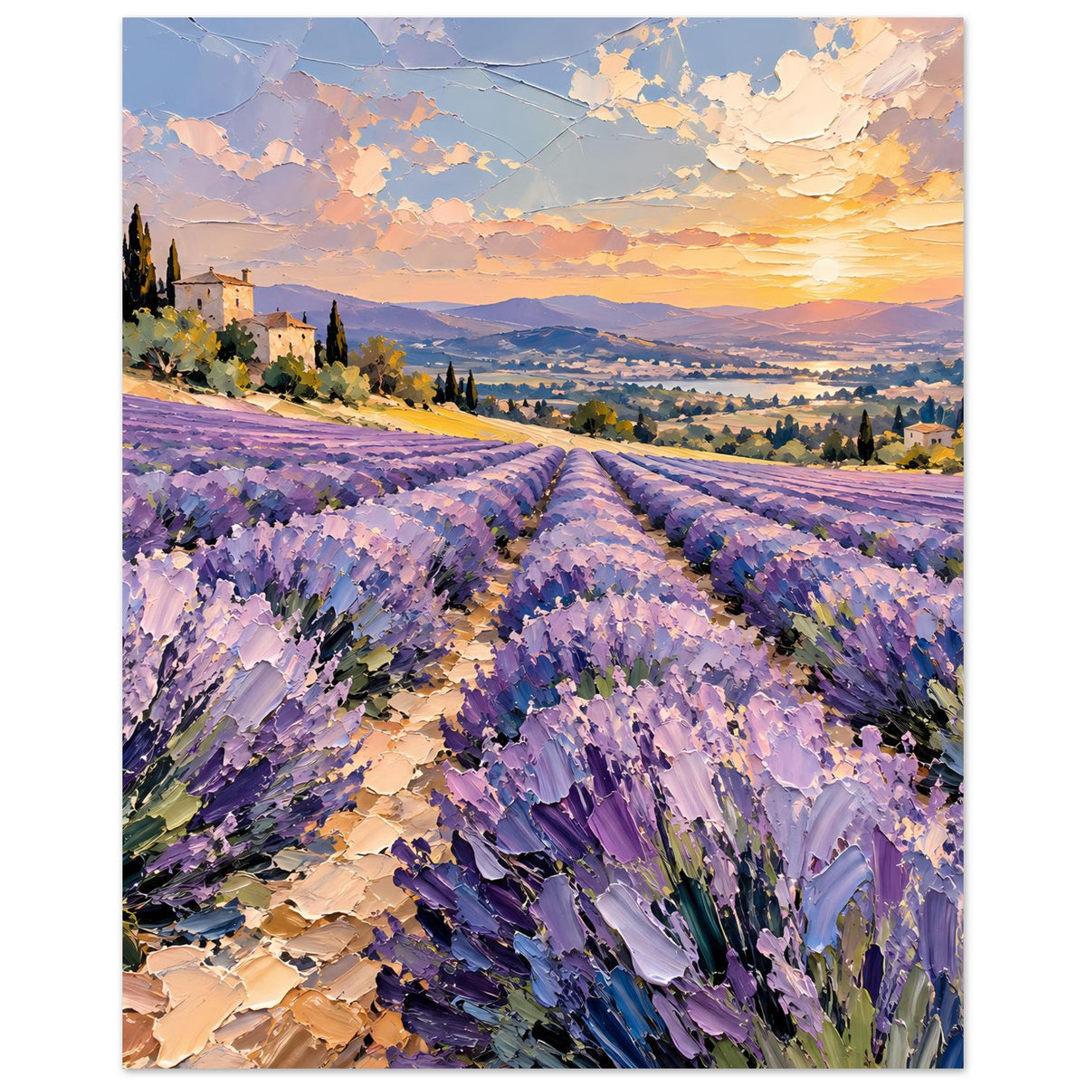 Vertikales Lavendelfeld-Poster, Sonnenuntergang und violette Blütenreihen