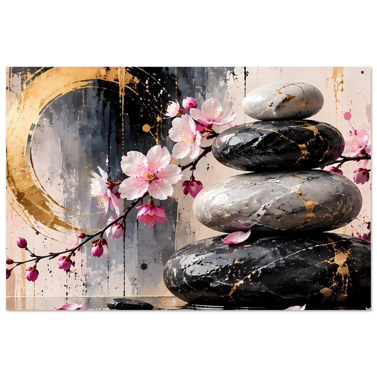 Zen-Poster mit Kirschblütenbouquet, drei Steinen und abstrakten Farbspritzern in Gold