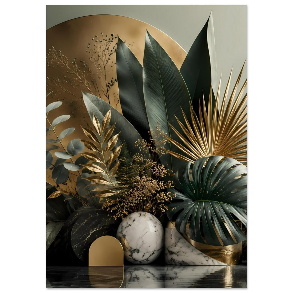 Botanisches Poster im Hochformat mit Palmenblatt, Eukalyptuszweigen, Goldakzenten und Marmorsteinen