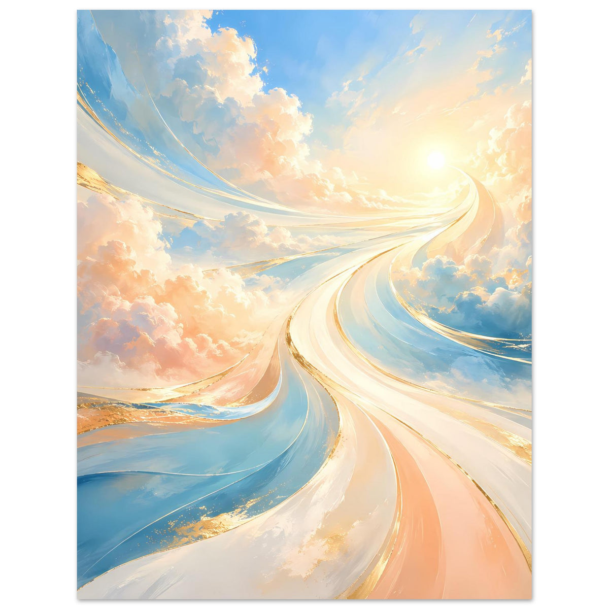 Fantasie-Poster mit Blick auf einen geschwungenen Lichtweg in Pastellblau und Pfirsich
