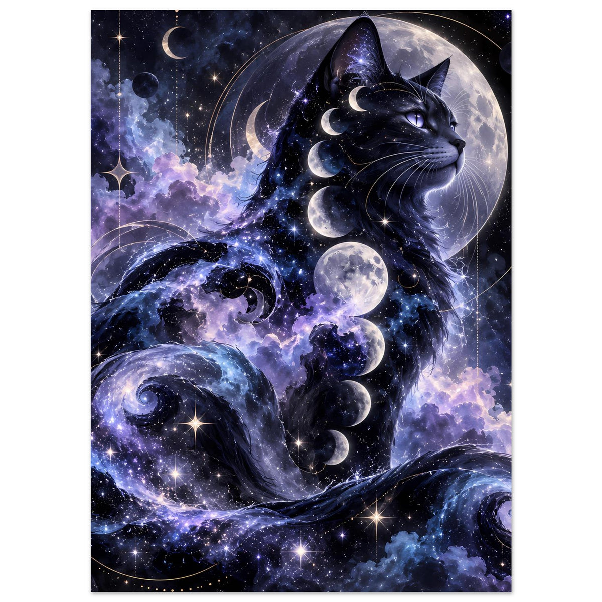 Poster mit schwarzer Katze und Mondphasen, Sternen und Planeten im galaktischen Stil