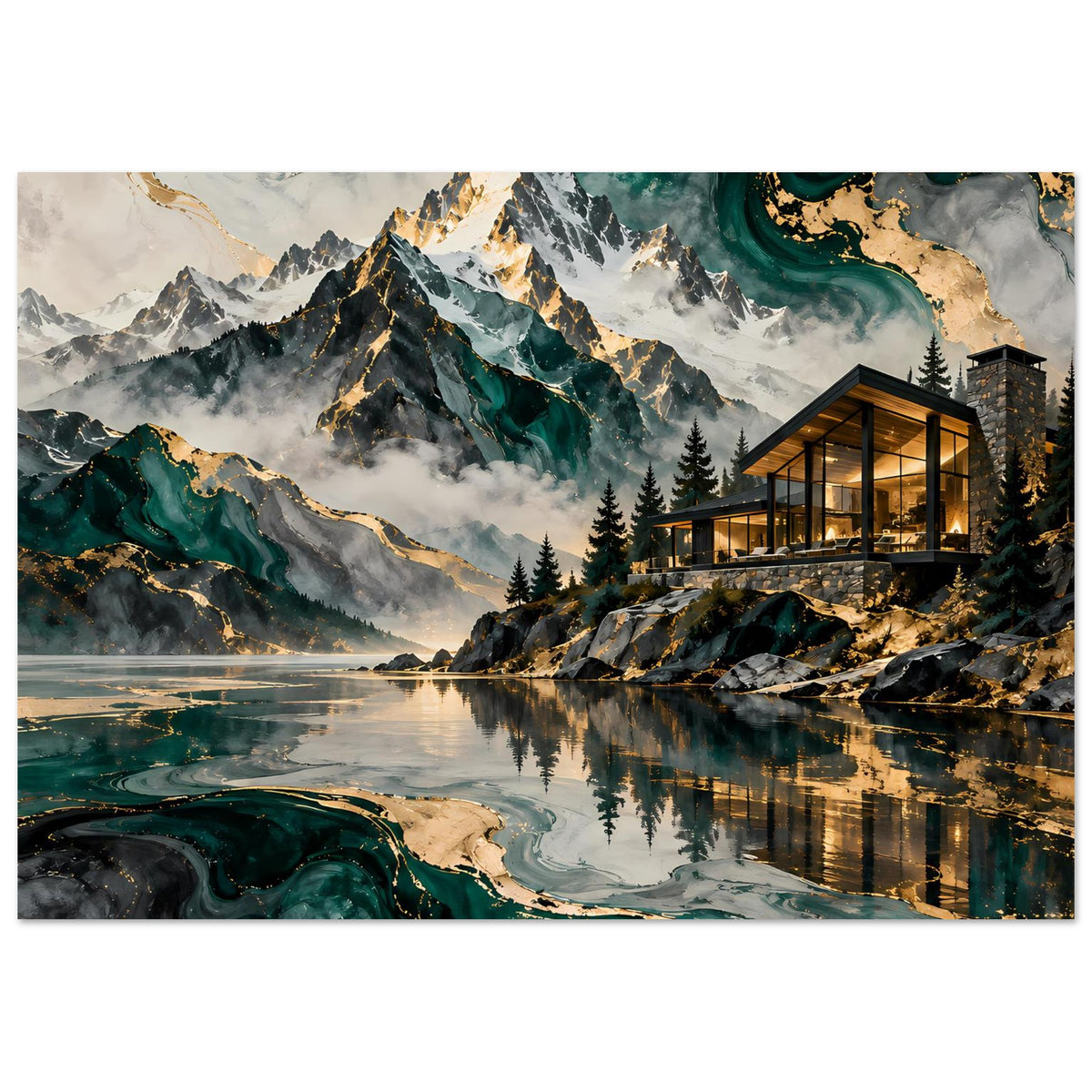 Querformat-Poster: Blick auf Berge, See und Glaspavillon mit warmen goldenen Lichtlinien.