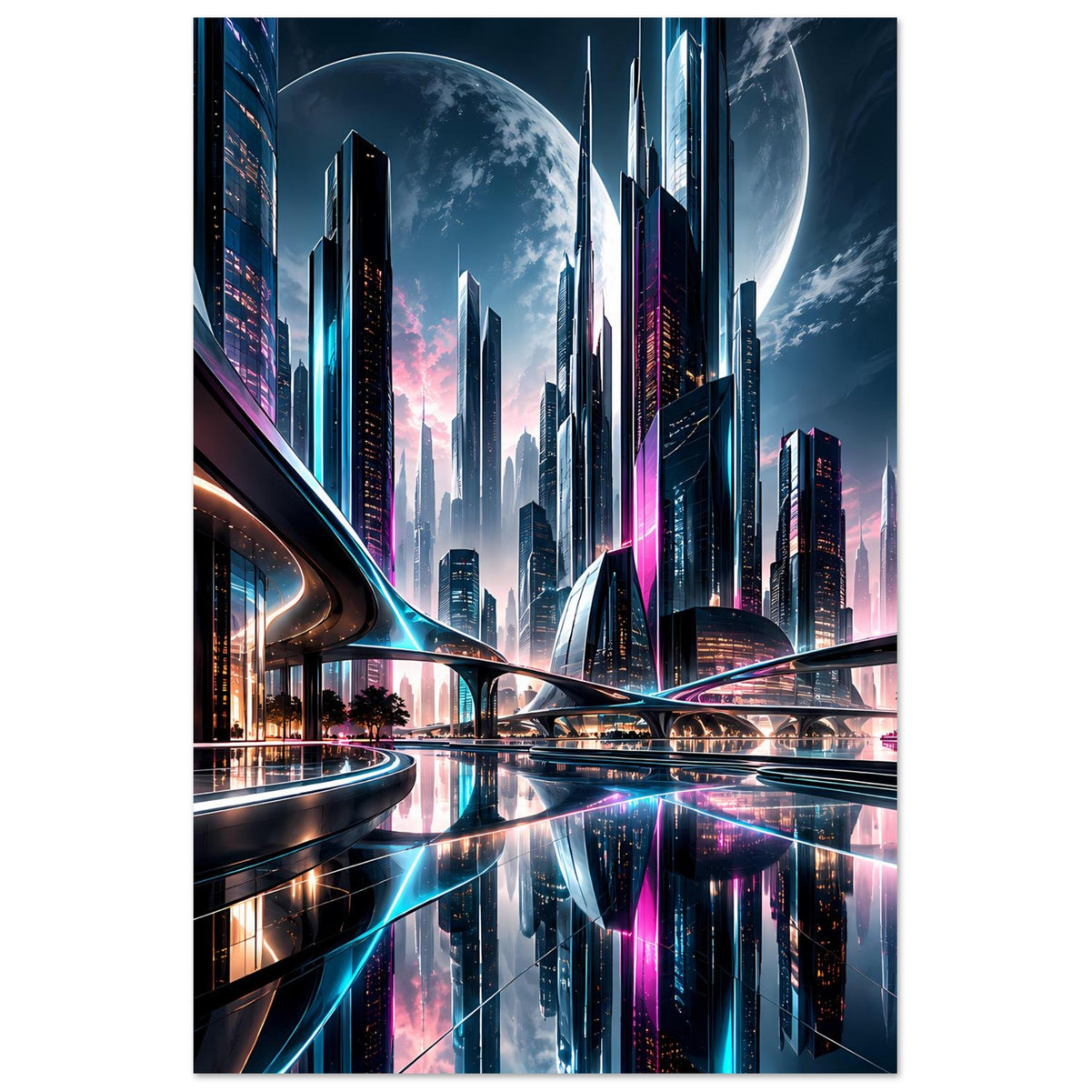 Neon-Stadt-Skyline-Poster: futuristische Wolkenkratzer, blauer Mond und leuchtende Wege