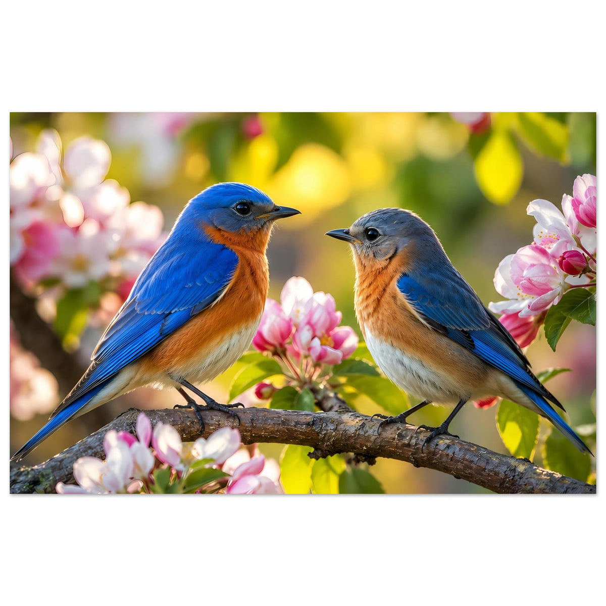 Breites Poster: zwei Blaumeisen auf Ast, flankiert von rosafarbenen Blüten
