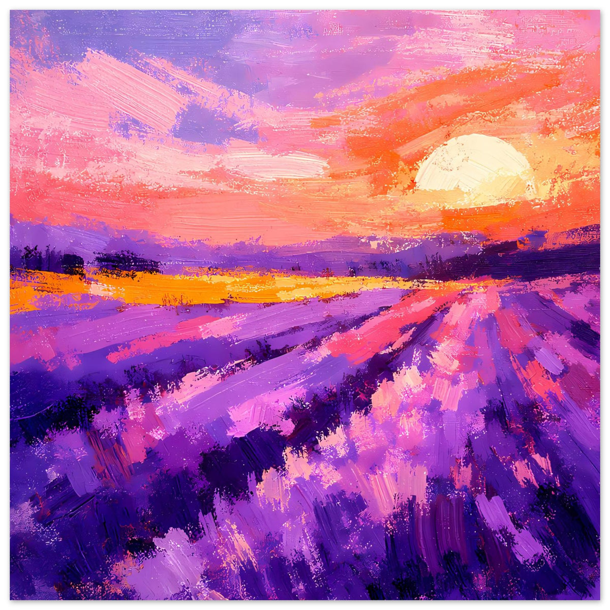 Poster im Querformat mit Lavendelfeld in Violett, rosa Wolken und leuchtender Sonne