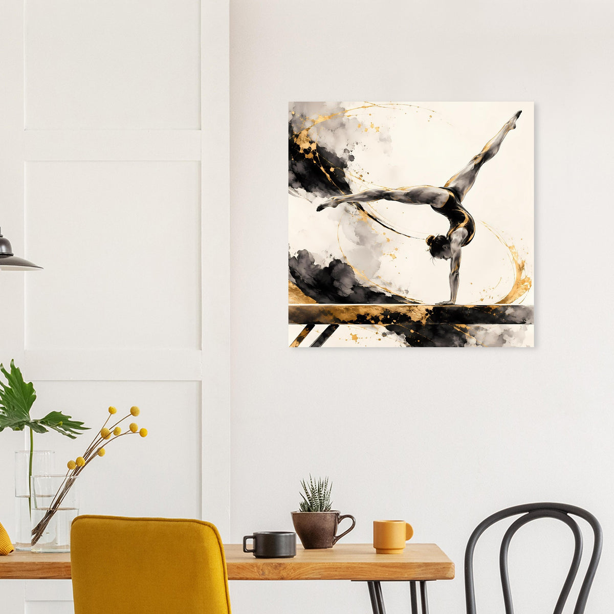Poster mit Turnerin in Schwarz-Gold, dynamische Handstandpose im abstrakten Farbspiel