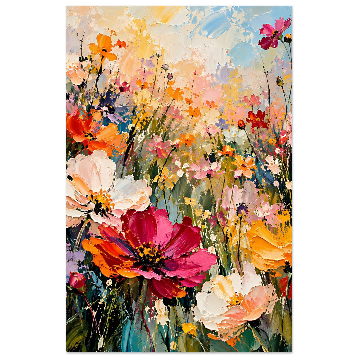 Blumenposter im Hochformat, zentrale Blumenkomposition mit leuchtenden Rot-, Pink- und Orangetönen