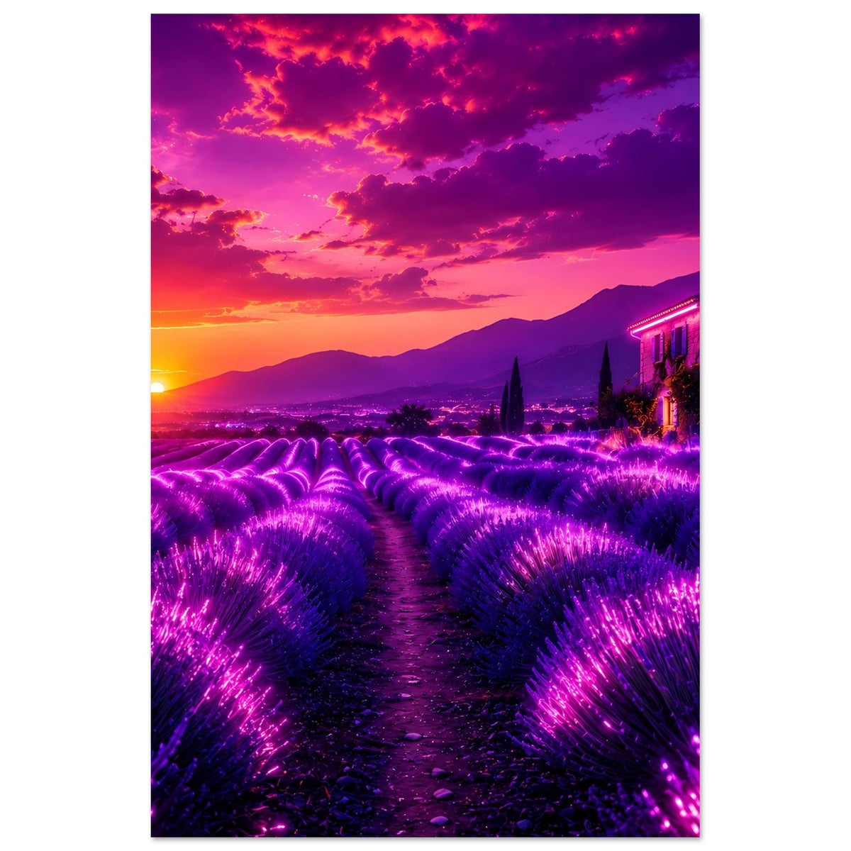 Poster mit leuchtendem Lavendelfeld, Weg in der Mitte, lila Blüten und Haus am Rand