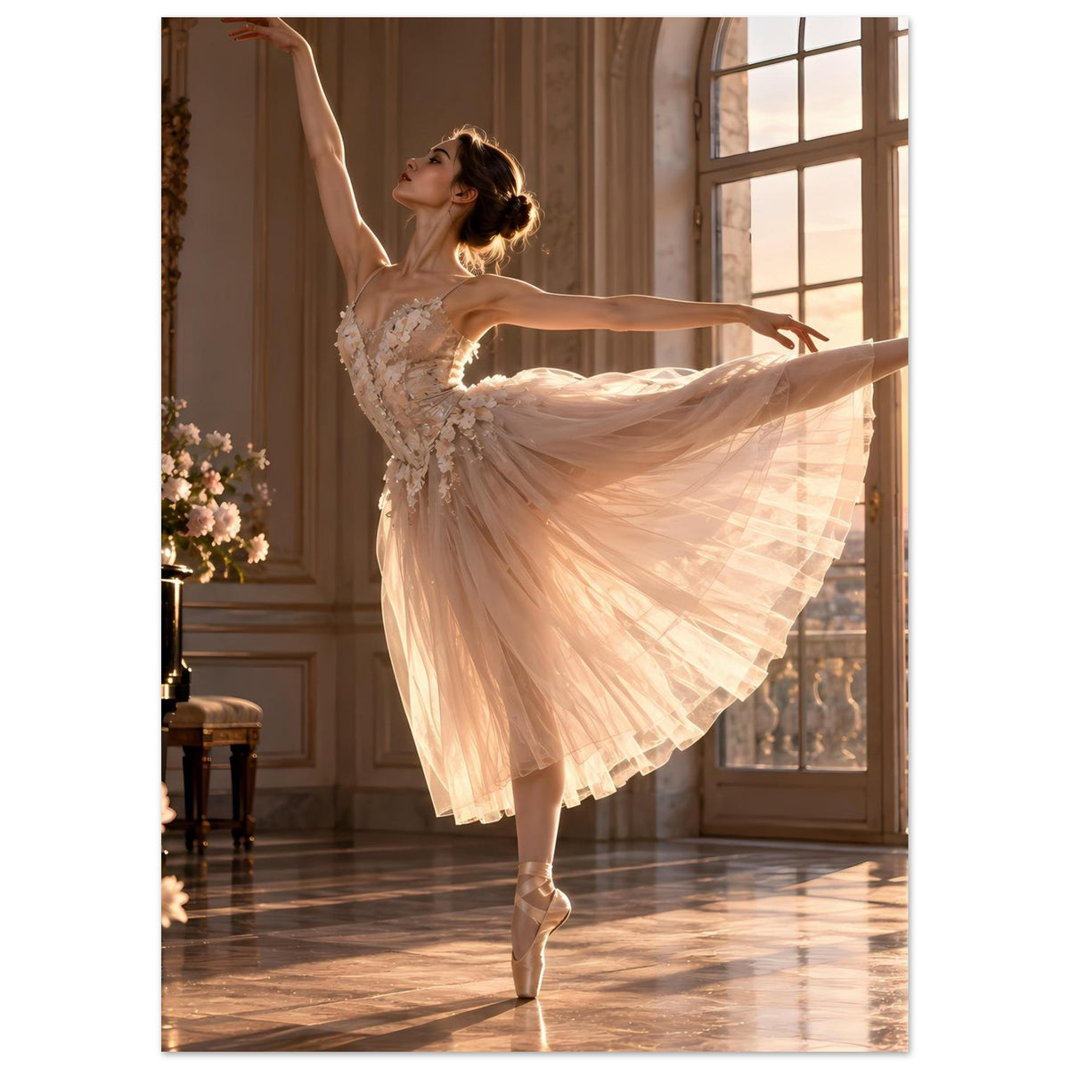 Poster mit Ballerina im weißen Spitzentutu auf der Fußspitze, beide Arme weit oben