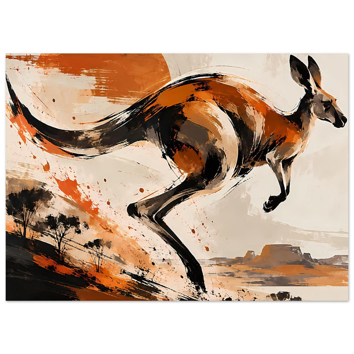 Horizontales Tierposter: Känguru im Lauf, abstrakte Malerei in warmen Erdtönen.