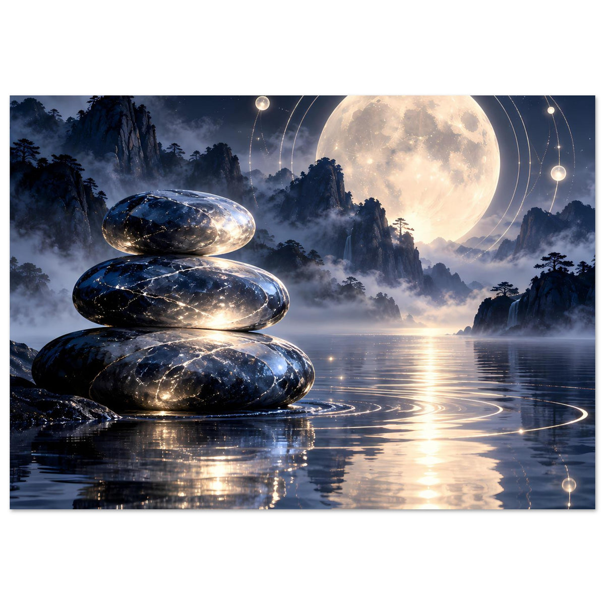 Poster mit Zen-Steinen, Vollmondhimmel und ruhigem See mit Lichtspuren