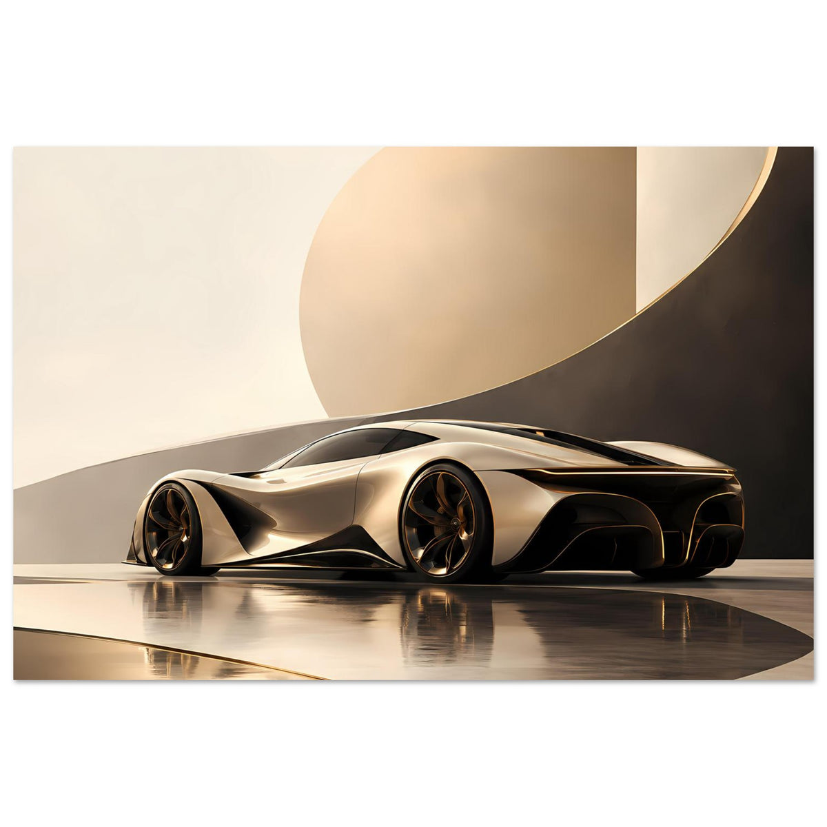 Autoposter mit Luxus-Sportwagen in Schwarz/Silber, kompakte Frontpartie, goldene Details