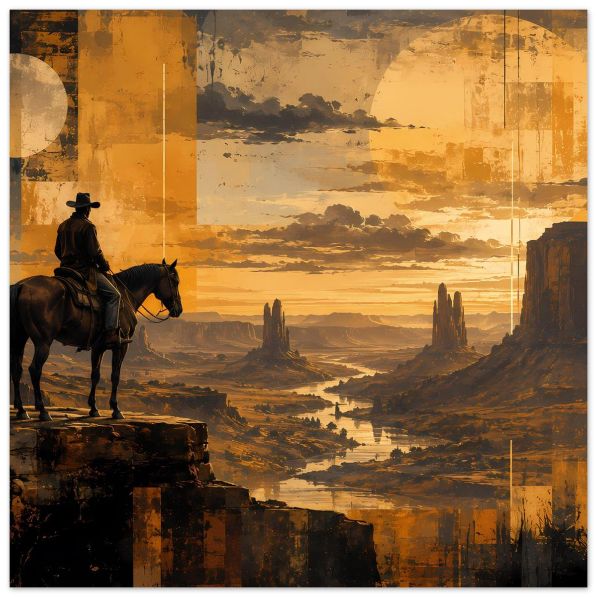 Wandposter mit Cowboy auf Pferd auf Fels, weite Landschaft mit Canyon und Sonnenuntergang