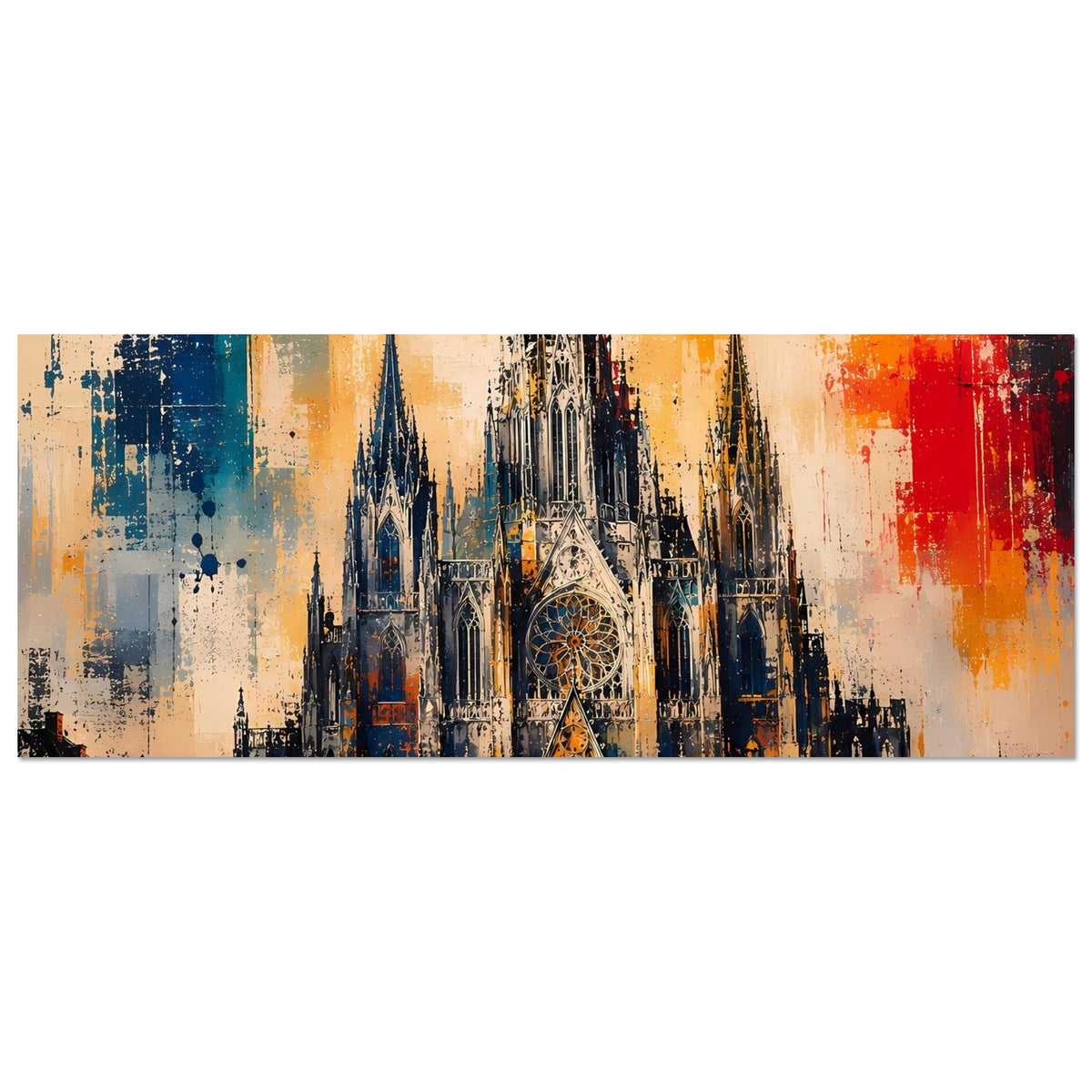 Horizontales Poster mit gotischer Kathedrale, zentrale Fassade, abstrakte Farbspritzer in Blau und Rot