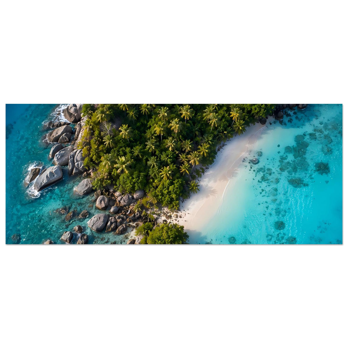 Panorama-Poster: Palmen an der Küste, weißer Sandstreifen, türkisblaues Wasser und Felsen