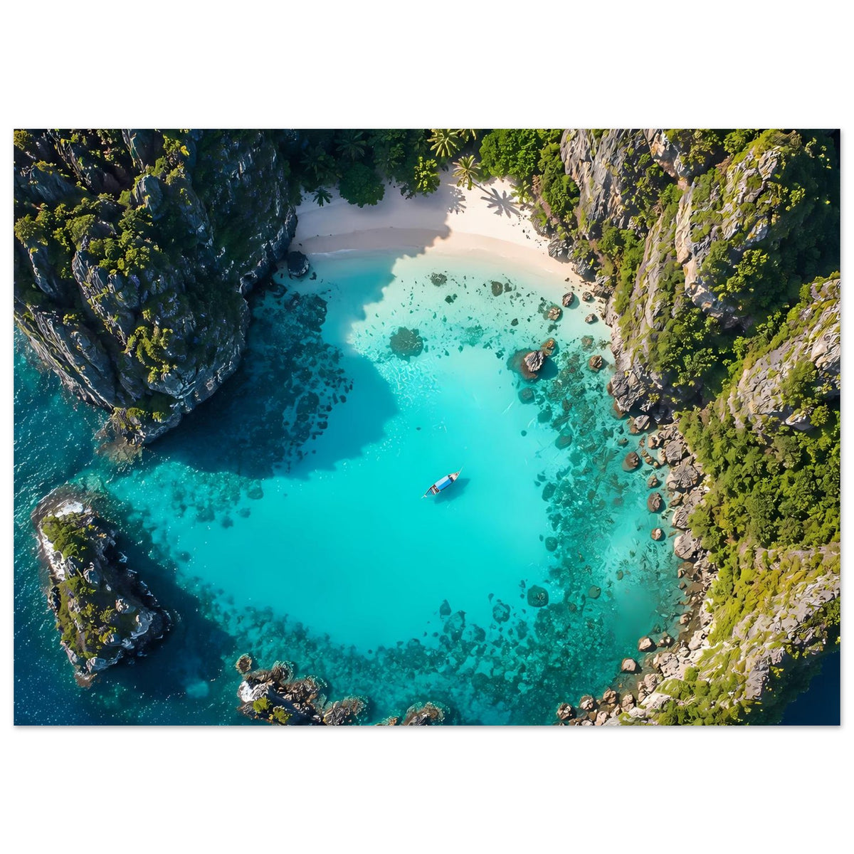 Poster, horizontal: türkisblaues Lagunenwasser mit Steinküste und üppigem Grün