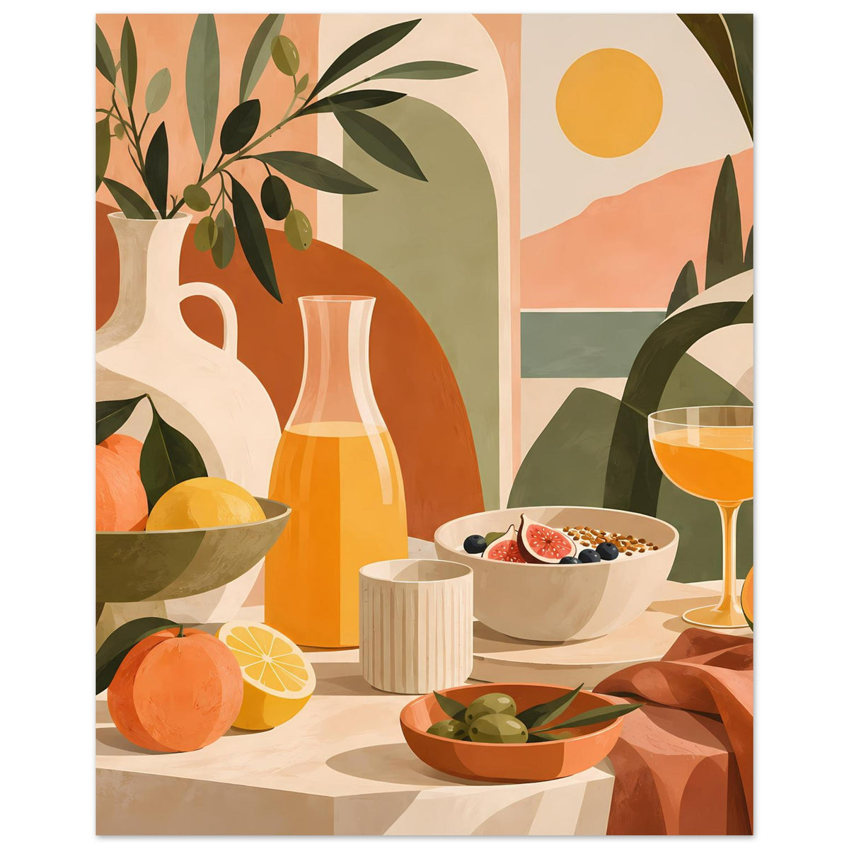 Still-Life-Poster: Zitrusfrüchte, Schalen, Keramikbecher und Glas mit orangefarbenem Getränk