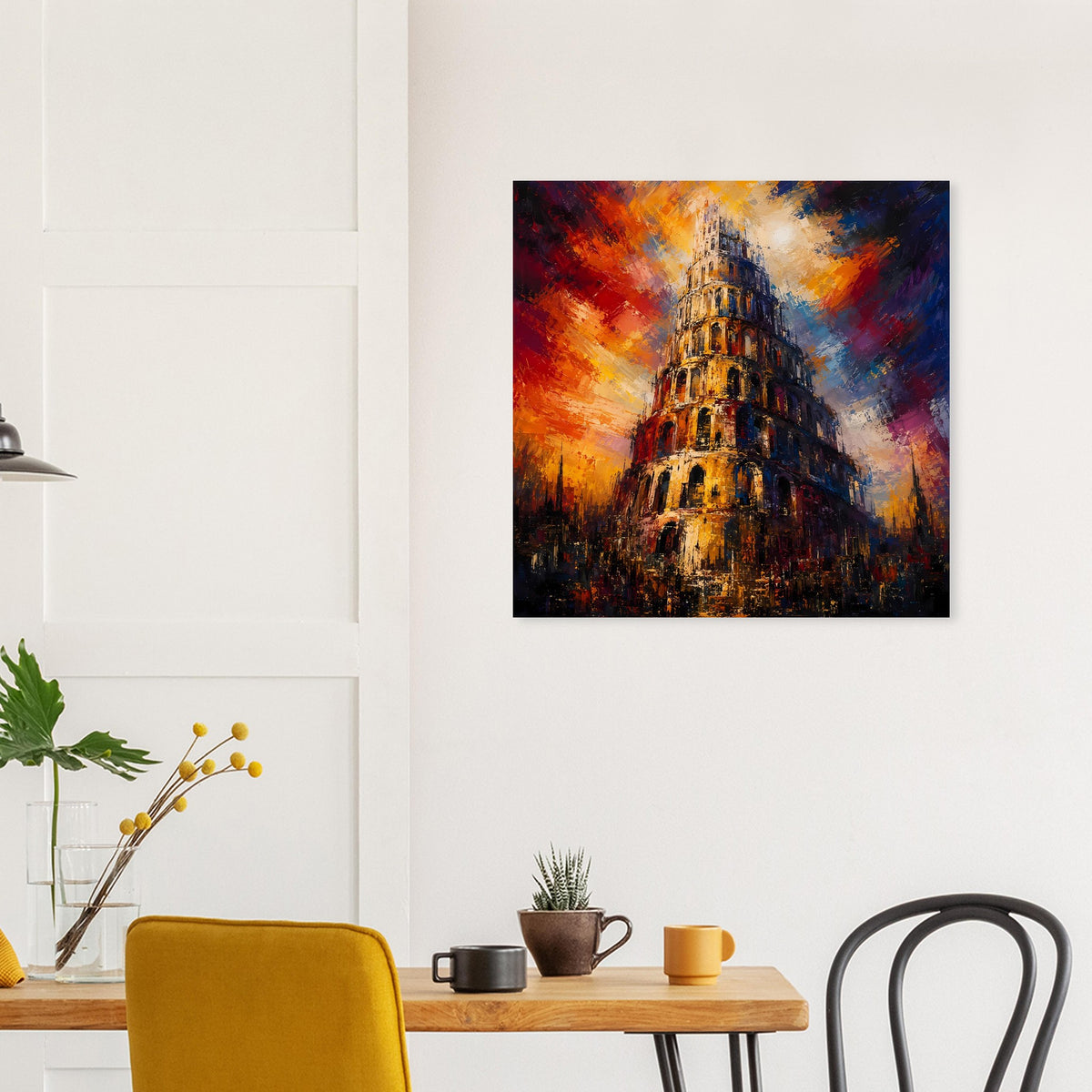 Quadratisches Kunstdruck-Poster mit Turm von Babel, kräftige Farben von Orange bis Dunkelblau.
