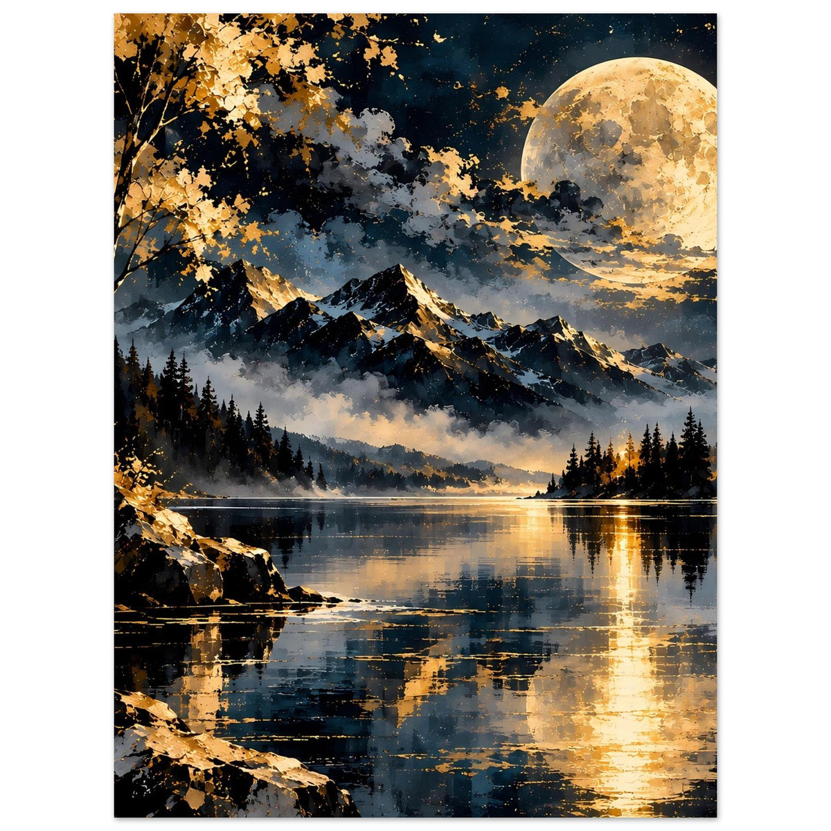 Poster mit Mondschein über See: Bergkamm, Bäume und goldene Wolken
