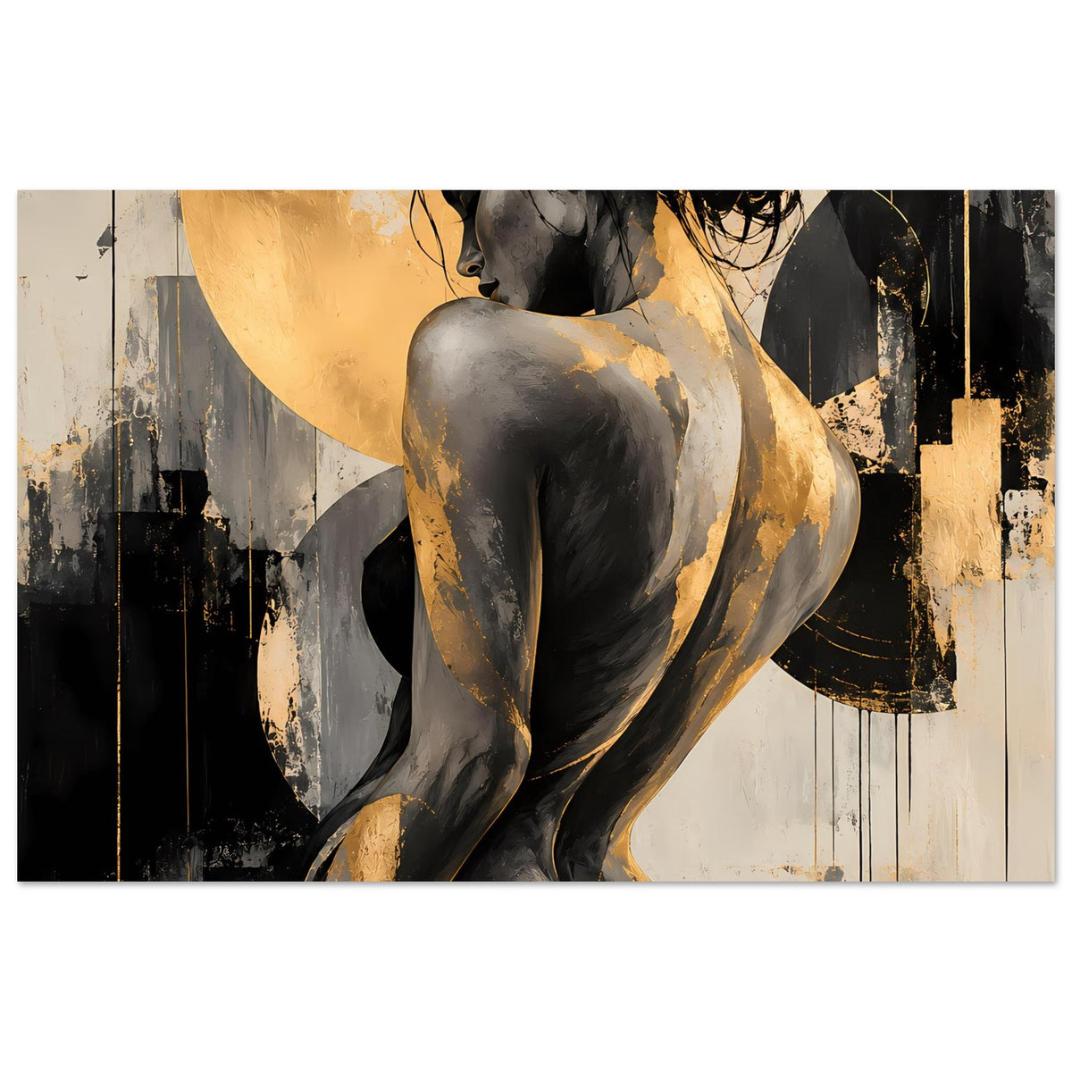 Abstraktes Poster mit Aktfigur in Schwarz und Gold, Querformat