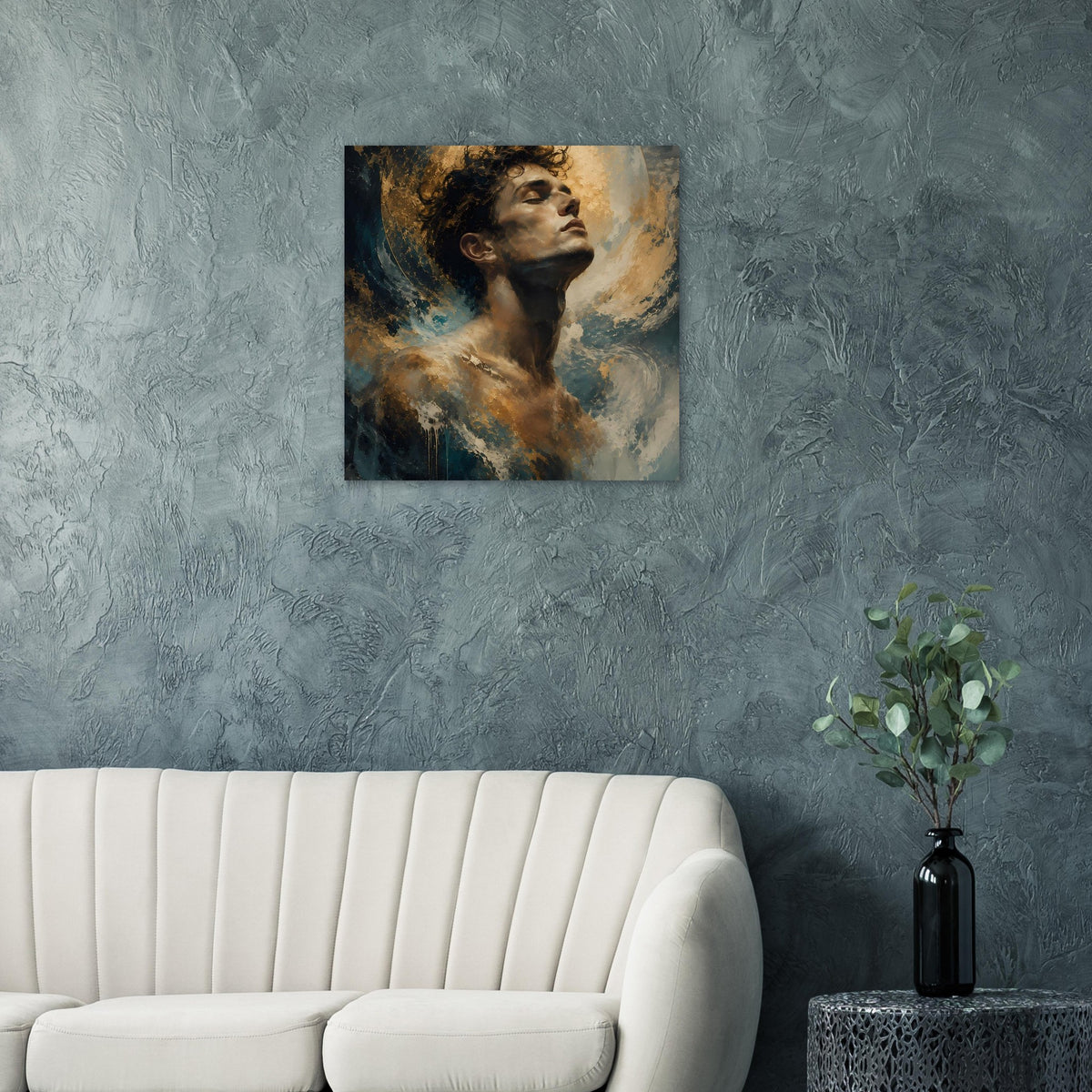 Poster mit Männerporträt: dunkles Haar, goldblauer Lichtkreis, abstrakter Hintergrund.