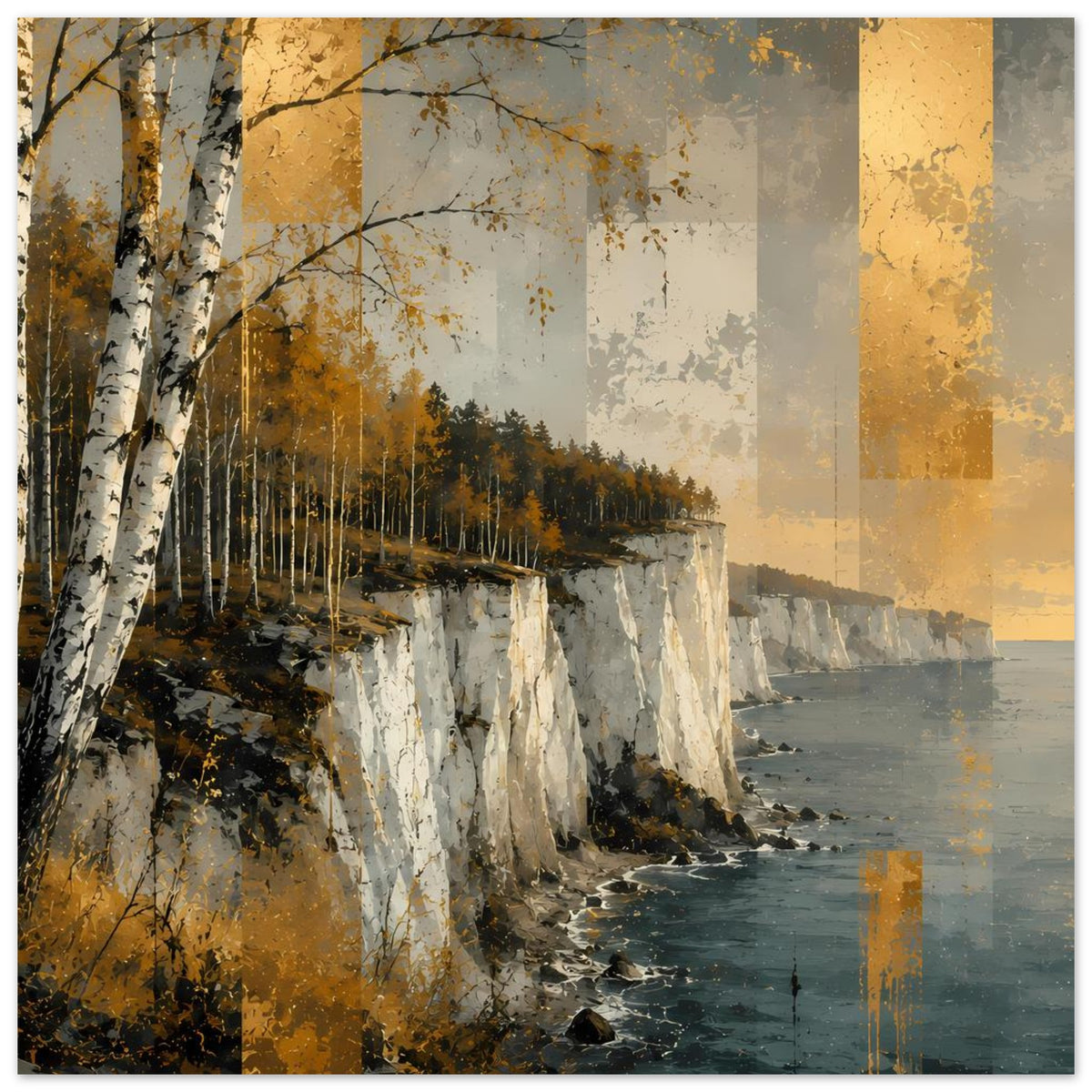 Herbstliches Küstenlandschafts-Poster: Steilküste, Birkenwald und Meer, goldene Akzentflächen