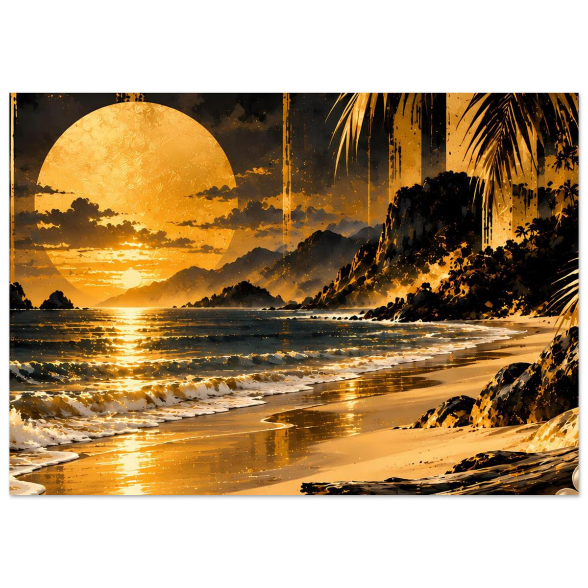 Breites Poster (Querformat) mit Sonnenuntergang am Strand, goldene Sonne und Palmen