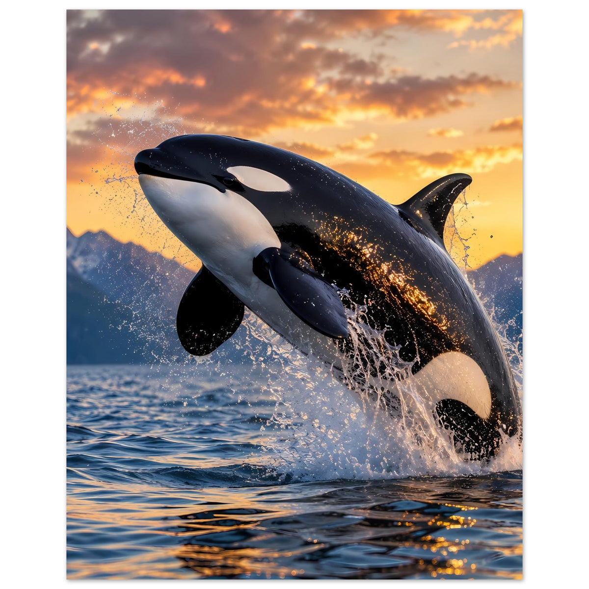 Poster mit Orca im Sprung, schwarz-weißes Muster, Wasserstrahlen und Spritzer