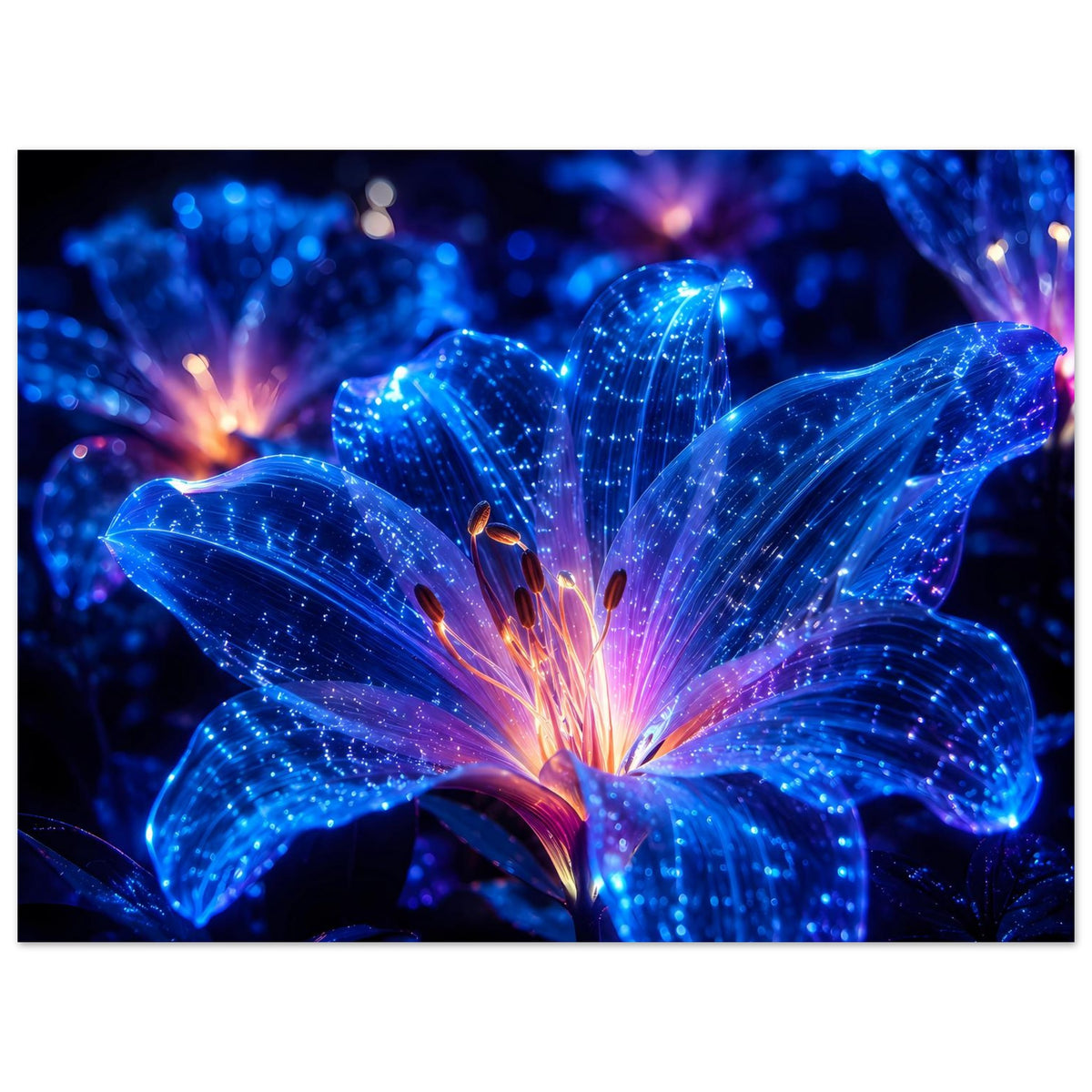 Blumenposter im Querformat mit leuchtender blau-violetter Blüte und funkelnden Lichtpunkten
