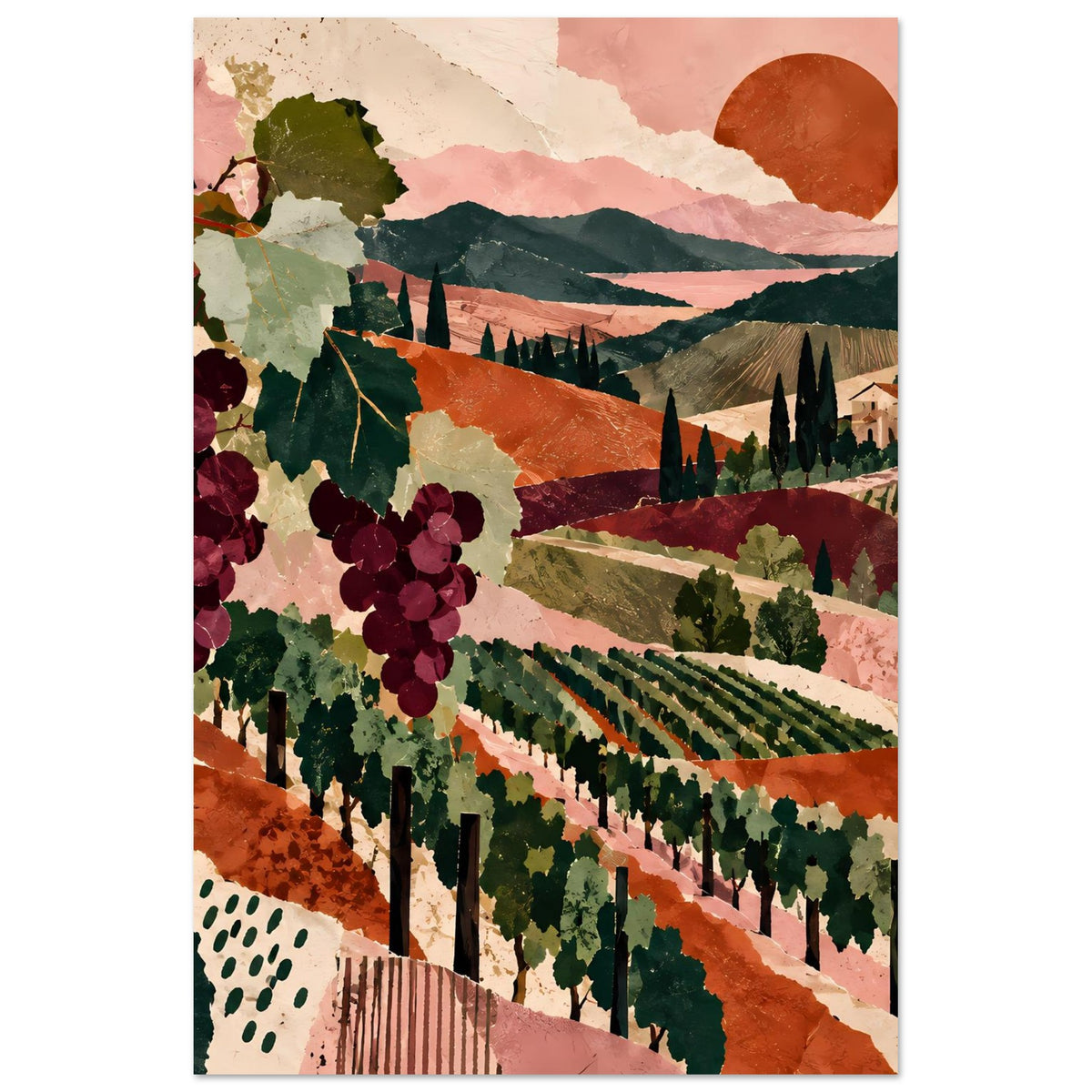 Weinreben-Landschaftsposter mit Trauben, Weinbergen und roter Berglandschaft