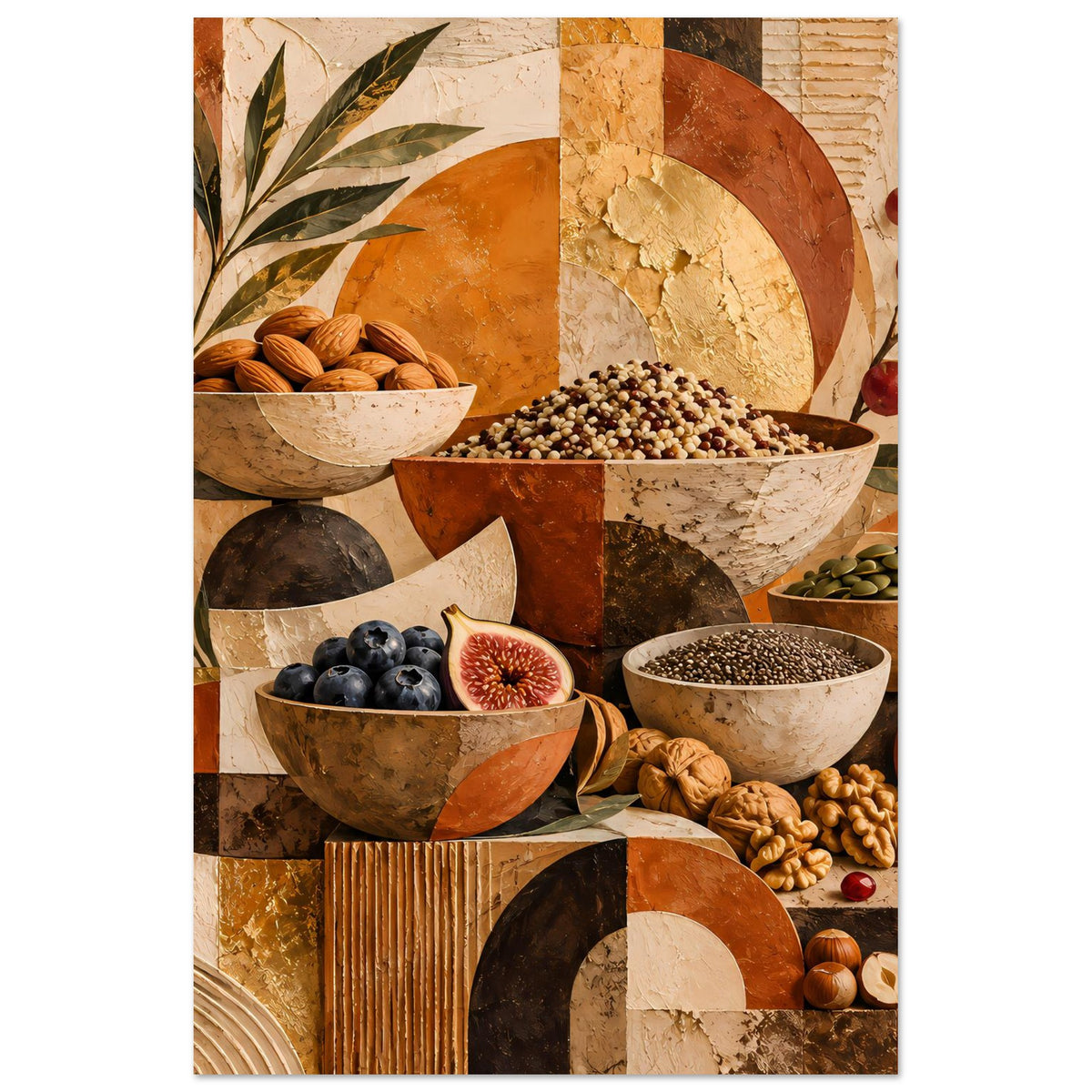 Poster im Hochformat mit rustikalem Stillleben: Schalen mit Beeren, Nüssen und warmen Kreismotiven