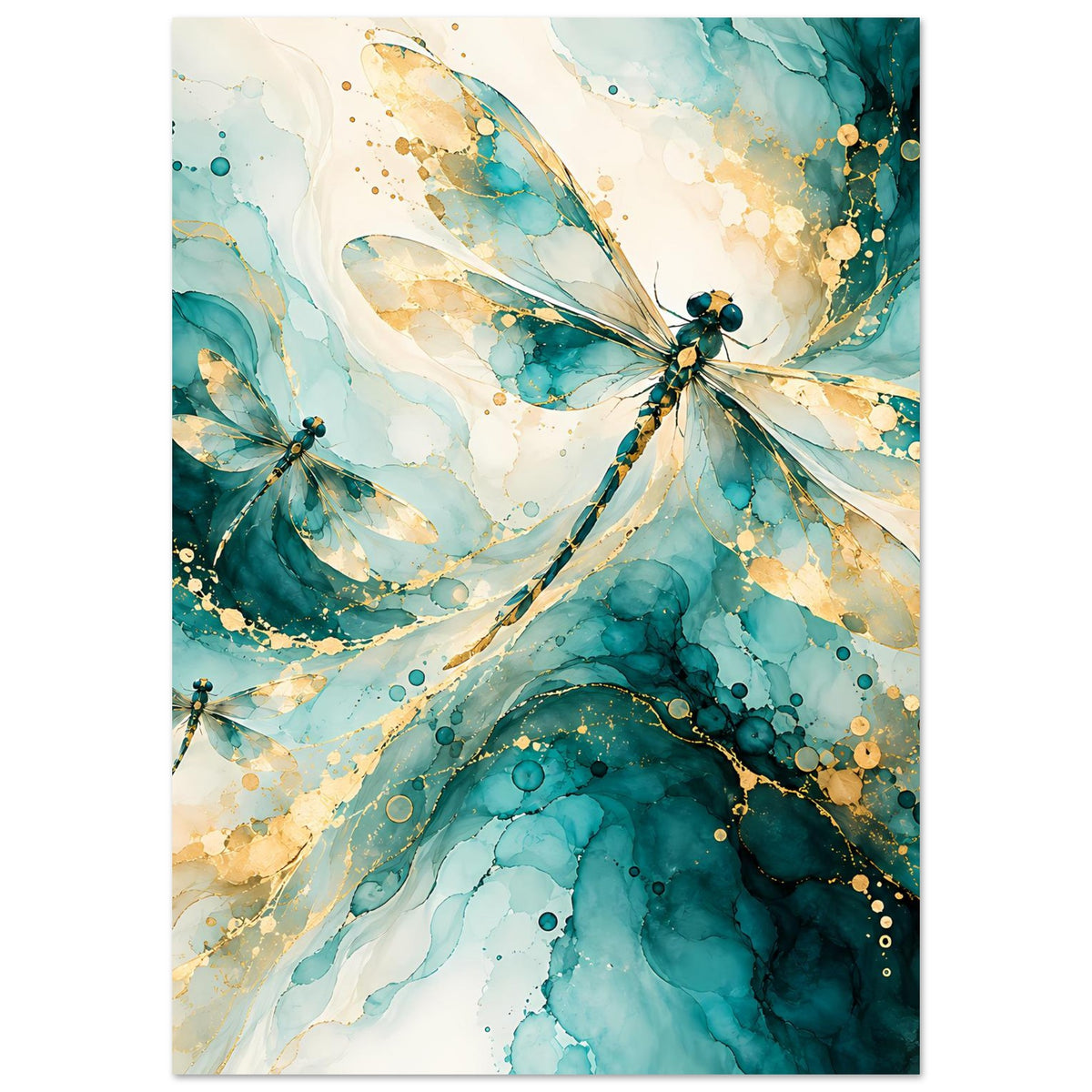 Kunstposter im Hochformat mit Libellenflügeln in Türkis und Gold, goldene Punkte