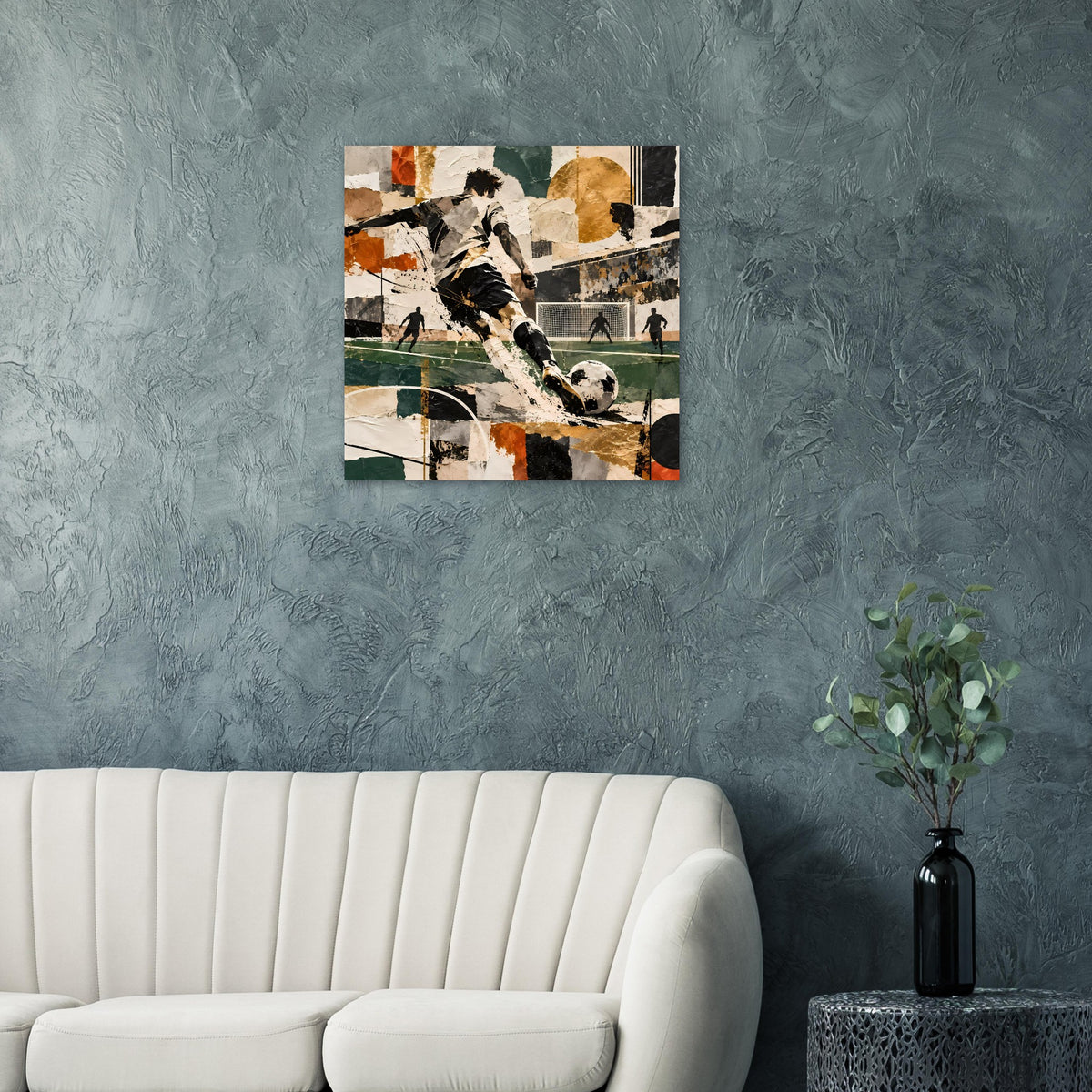 Quadratischer Wanddruck mit Fußballspieler, abstrakte Patchwork-Grafik in Braun und Grün