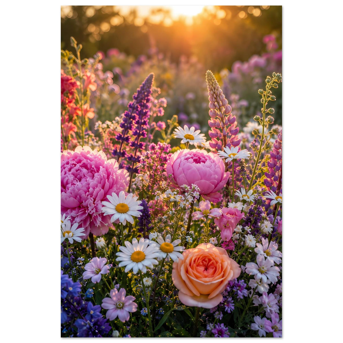 Blumenmeer-Poster mit rosa Pfingstrosen, orangefarbener Rose und bunten Blüten