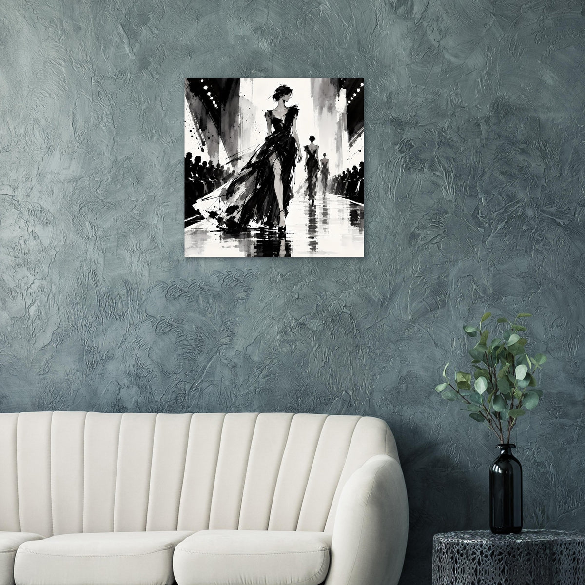 Querformatiges Schwarzweiß-Modeillustrationsposter mit Silhouette einer Frau und Lichtkegeln