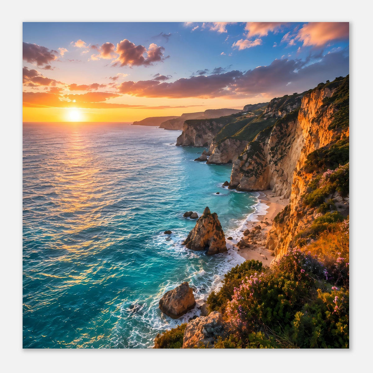 Querformat-Poster mit Blick auf Küste, Wellenverlauf und Sonnenuntergangsfarben