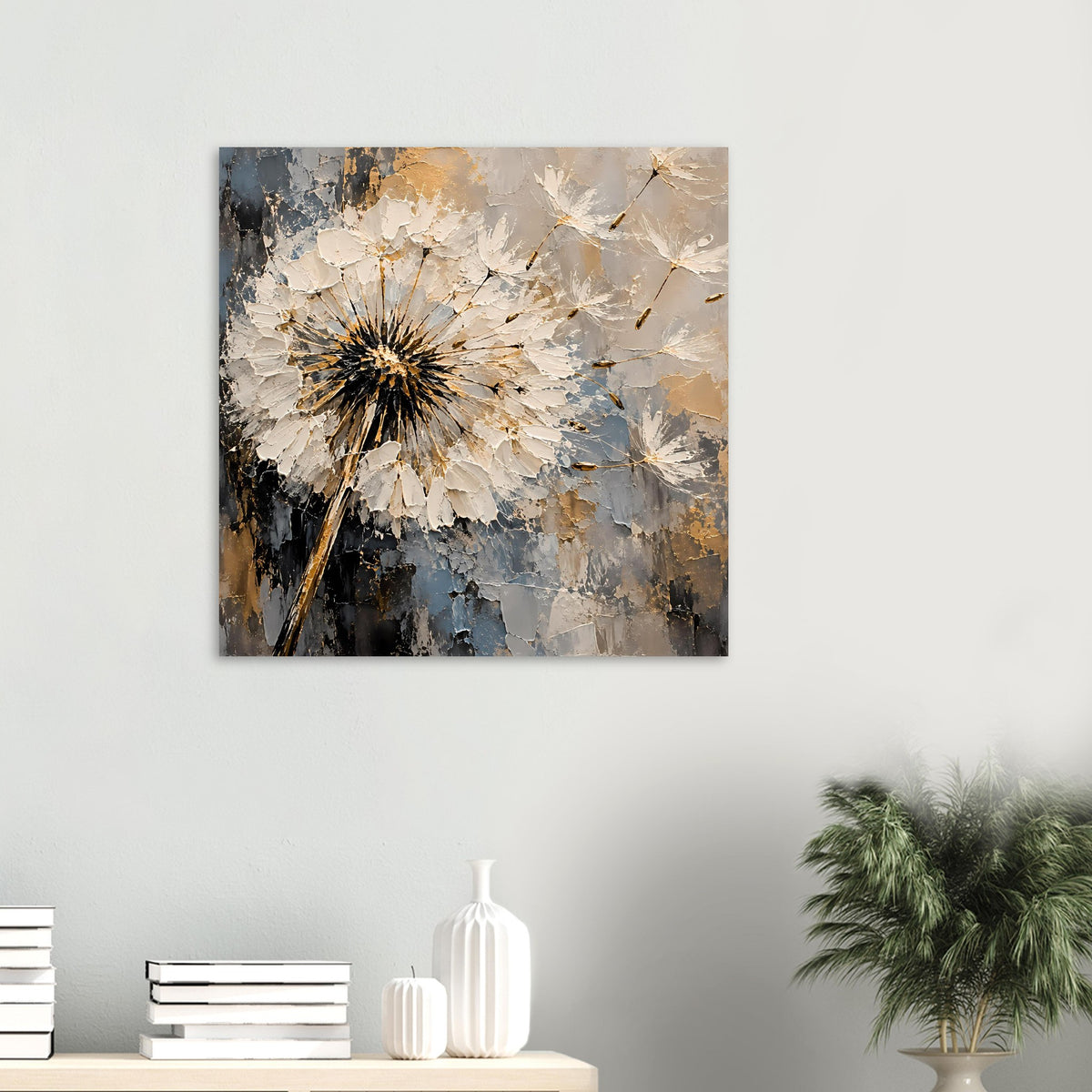 Kleines Deko-Poster mit Pusteblume, Textur-Design in Blau, Creme und goldenen Nuancen