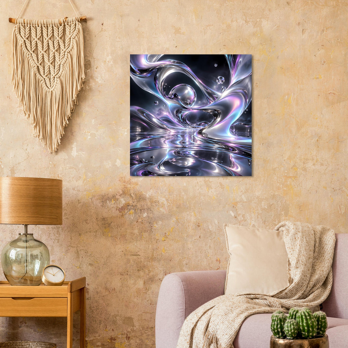 Quadratisches Poster mit abstraktem flüssigem Chrom-Design in Violett, Blau und Silber