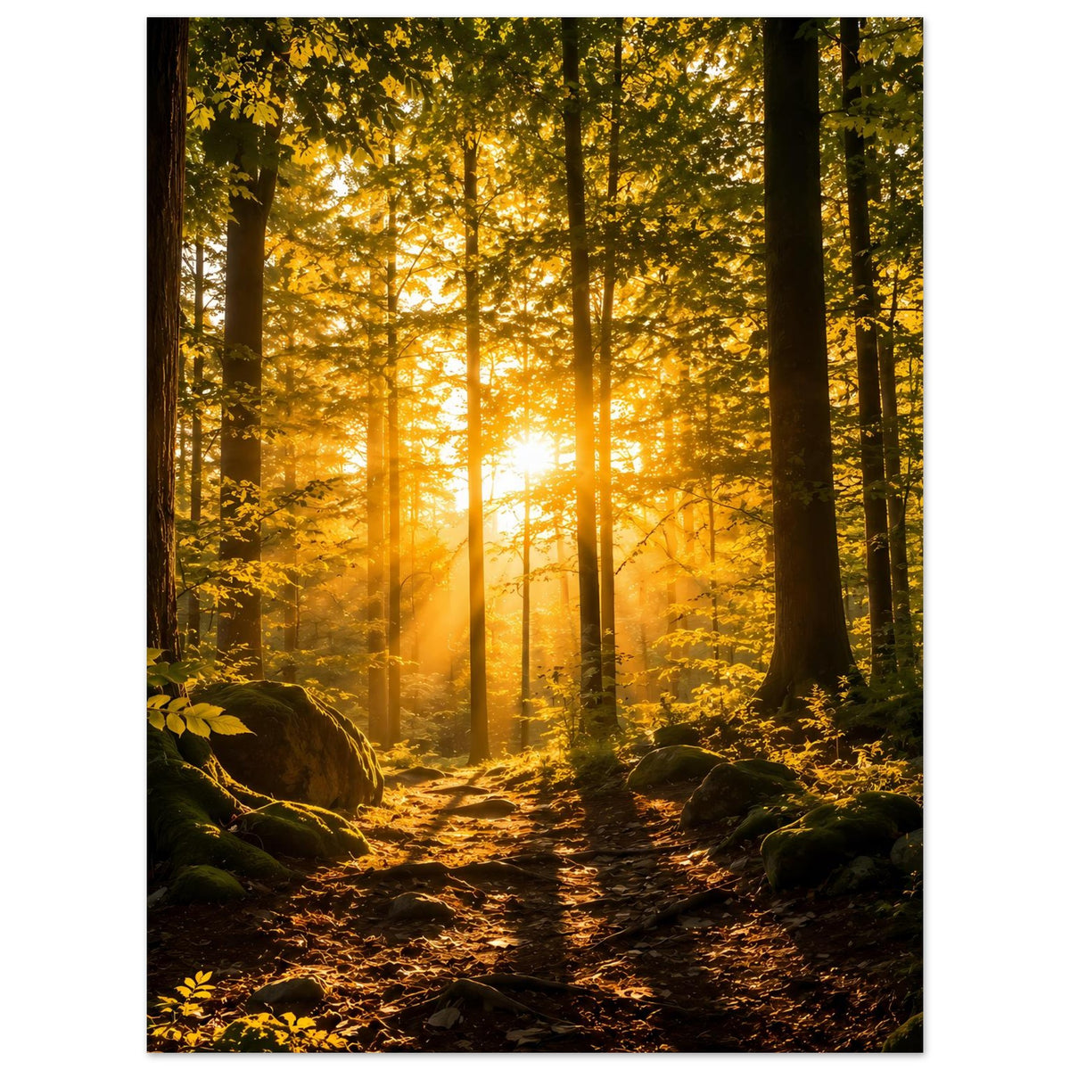 Waldposter: goldene Sonnenstrahlen im Herbstwald, Pfad durch den Baumgang