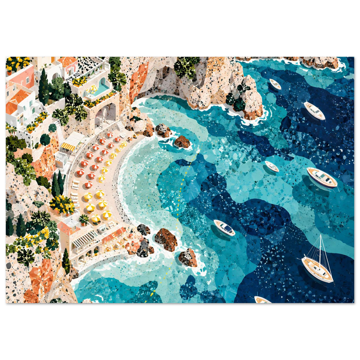 Mediterrane Küstenlandschaft mit Villen, sonnigen Felsklippen und türkisblauem Meer in Mosaikoptik – Posteransicht 31