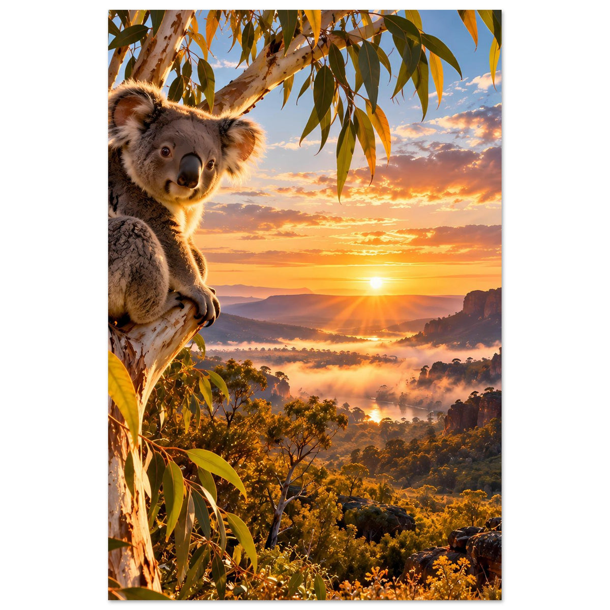 Koala-Poster im Hochformat mit Sonnenaufgang und weitläufiger Berglandschaft im Hintergrund