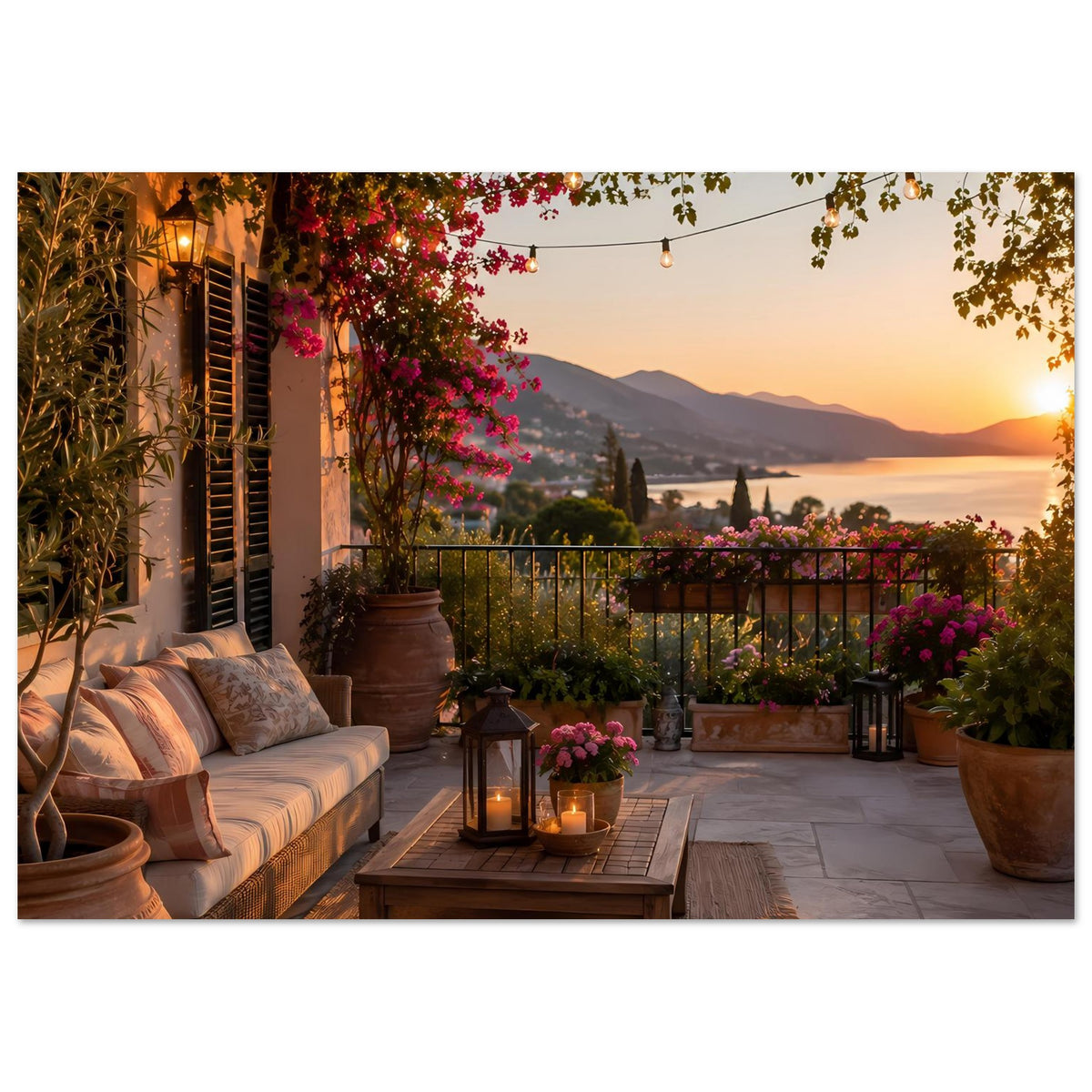 Poster mit mediterraner Terrassenlandschaft im Sonnenuntergang, horizontal