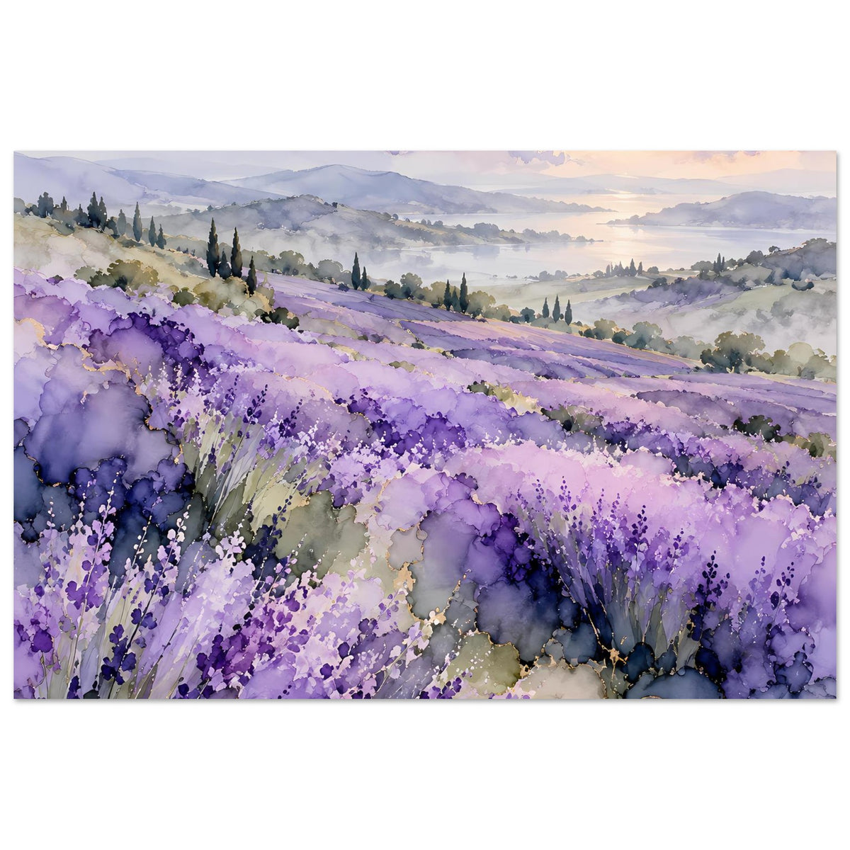 Aquarell-Landschaftsposter mit Lavendelfeld in Violett, sanfte Hügel und Ausblick über Felder