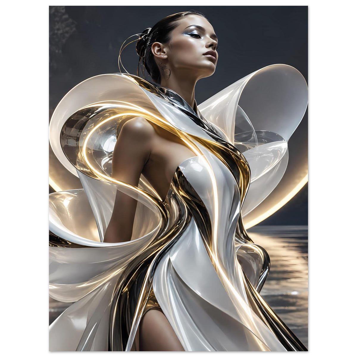 Abstraktes Poster mit goldenen Metallwirbeln und silbernen Schleifen, weibliche Figur