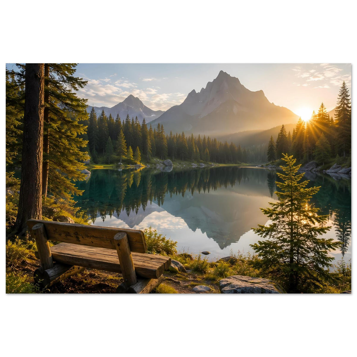 Horizontales Poster: Bergsee im Abendlicht mit Lichteinfall über bewaldeten Bergen